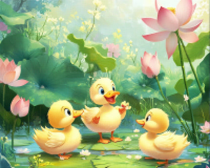 Ducklings Playing by a Lotus Pond