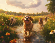Dogs Running by River in Park
