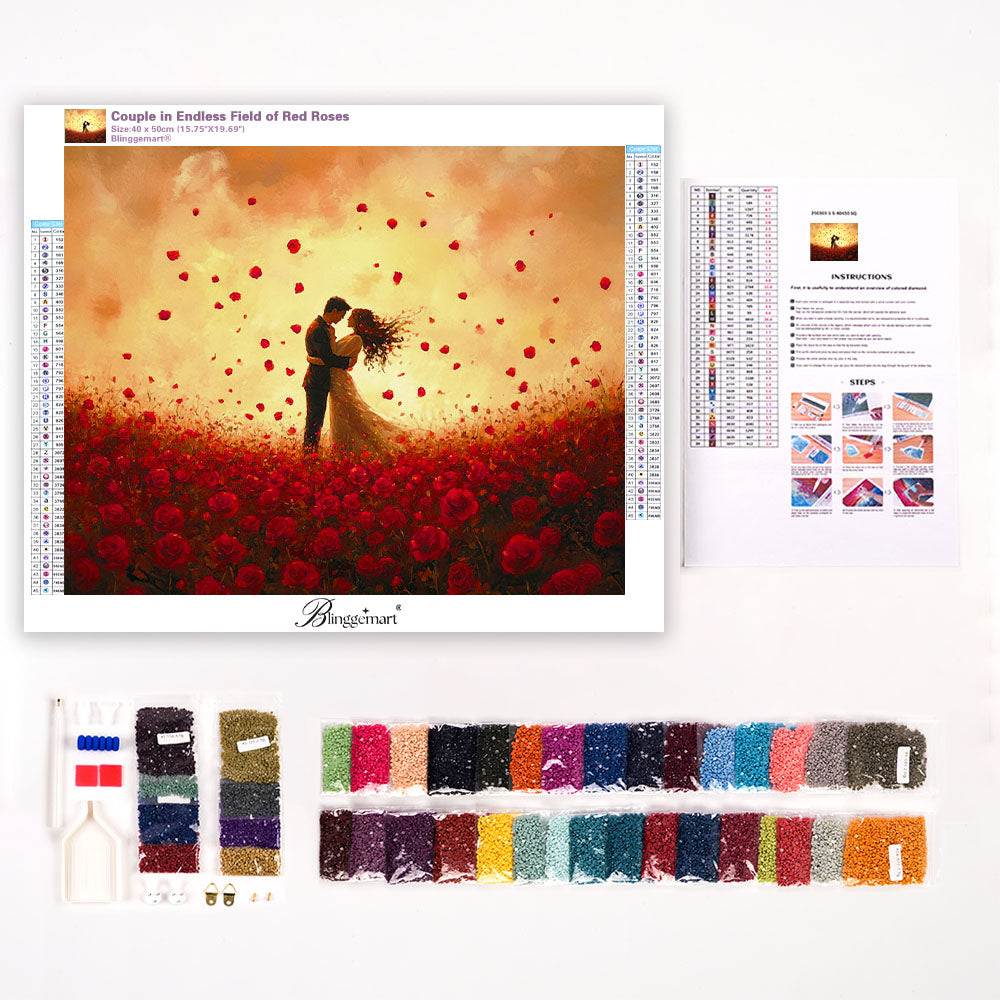 Couple in Endless Field of Red Roses