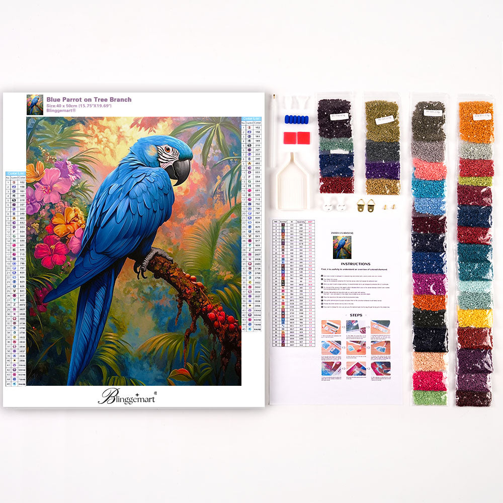 Blue Parrot on Tree Branch