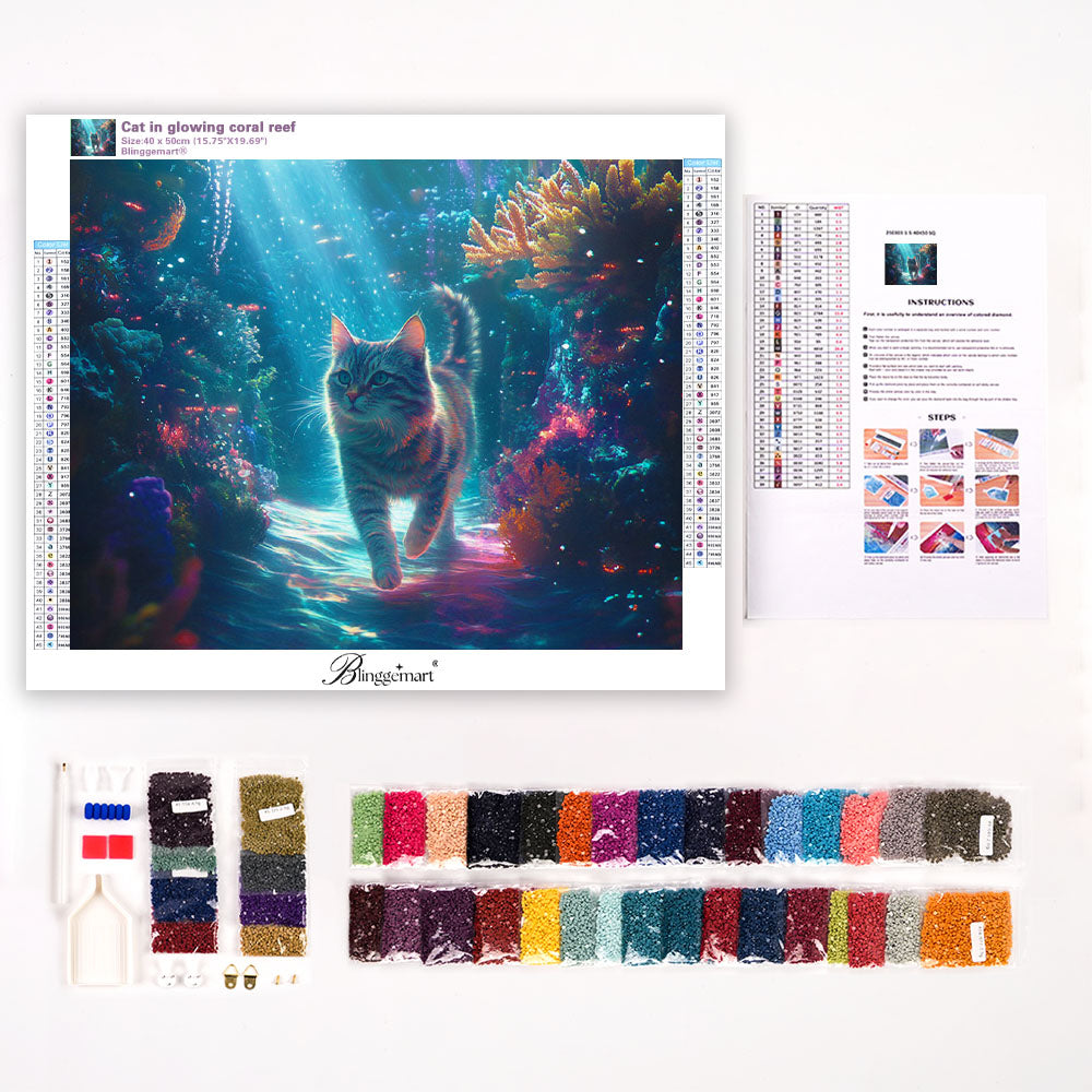 Cat in glowing coral reef
