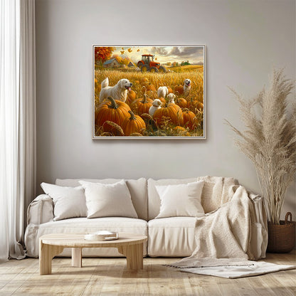Dogs in Pumpkin Field
