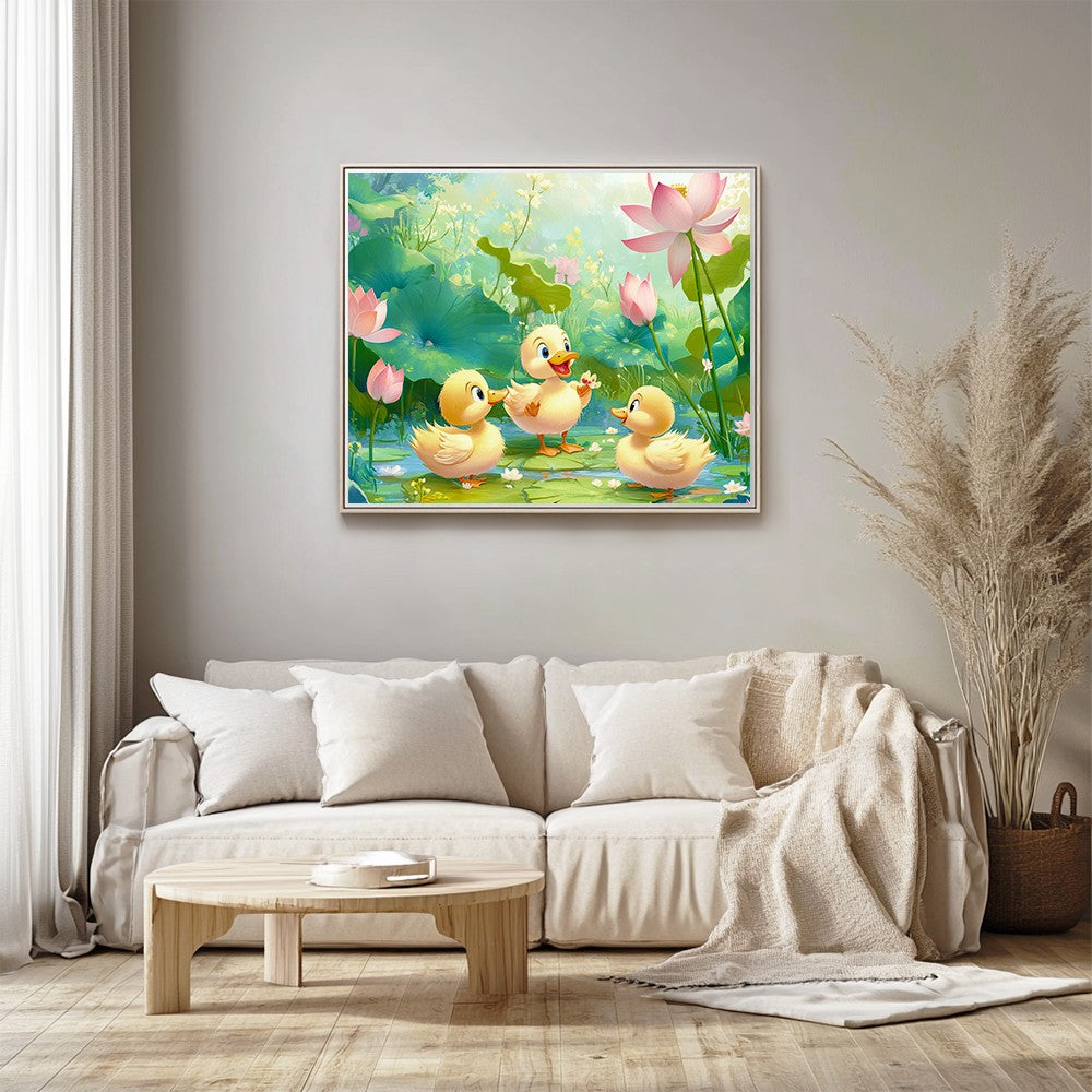 Ducklings Playing by a Lotus Pond