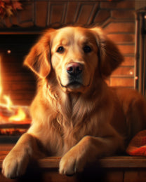 Golden Dog by Fireplace