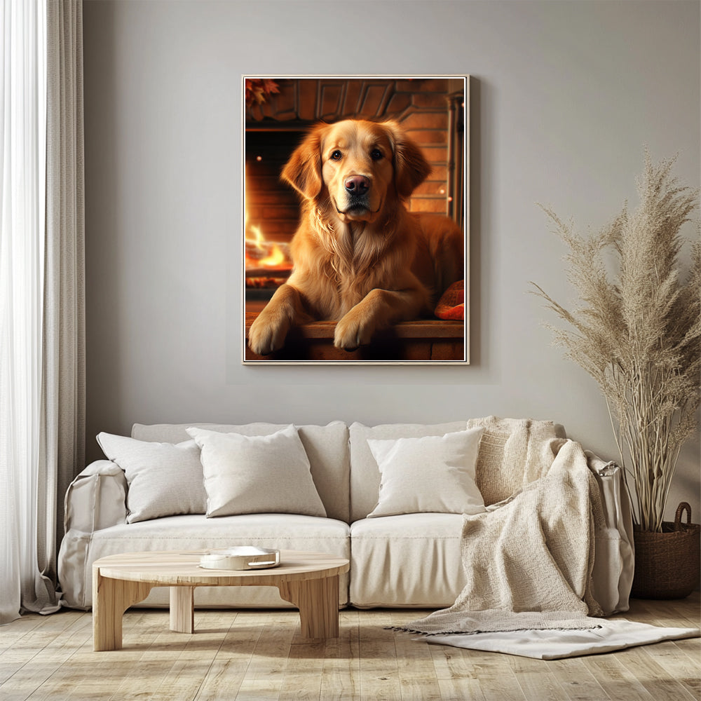 Golden Dog by Fireplace