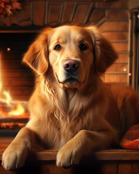 Golden Dog by Fireplace