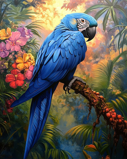 Blue Parrot on Tree Branch