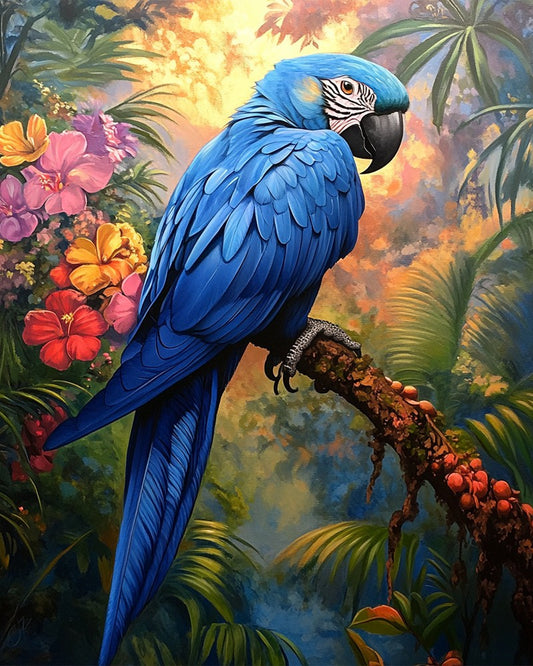 Blue Parrot on Tree Branch