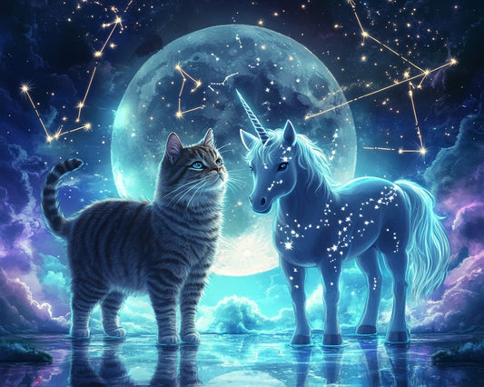 Cat and Unicorn Under Moonlight