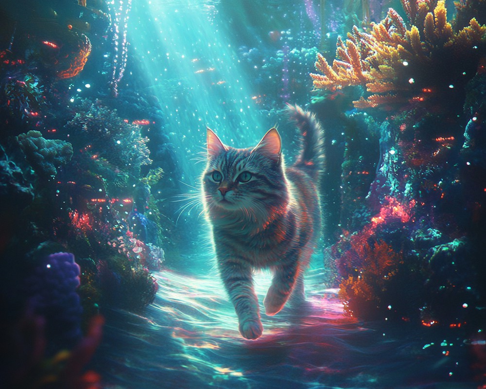 Cat in glowing coral reef