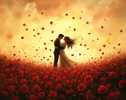 Couple in Endless Field of Red Roses
