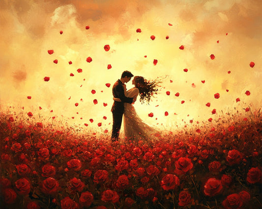 Couple in Endless Field of Red Roses