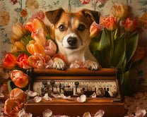 Dog Hiding in Fresh Tulips