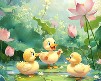 Ducklings Playing by a Lotus Pond