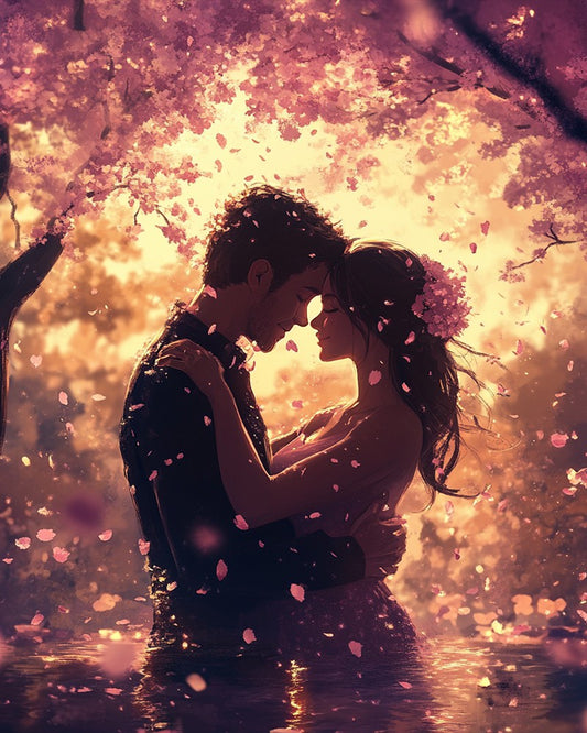Loving Couple Under Pink Cherry Blossoms